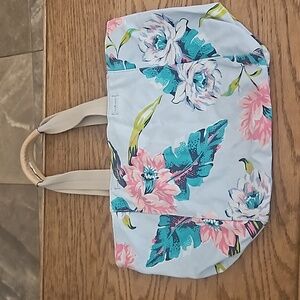 Gap Market Tote Bag Blue Floral Canvas & Leather Handle Beach Travel